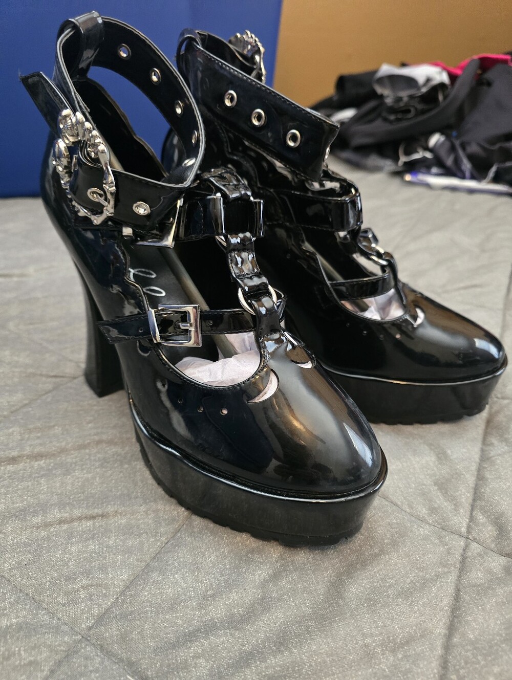 Ellie Black Patent Platform Mary Jane Heels with Buckles